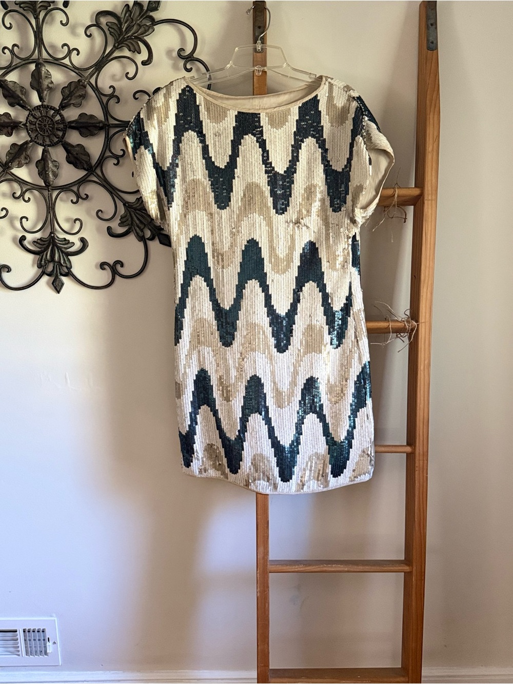 Trina Turk Cream and Teal Sequin Wave Shift Dress